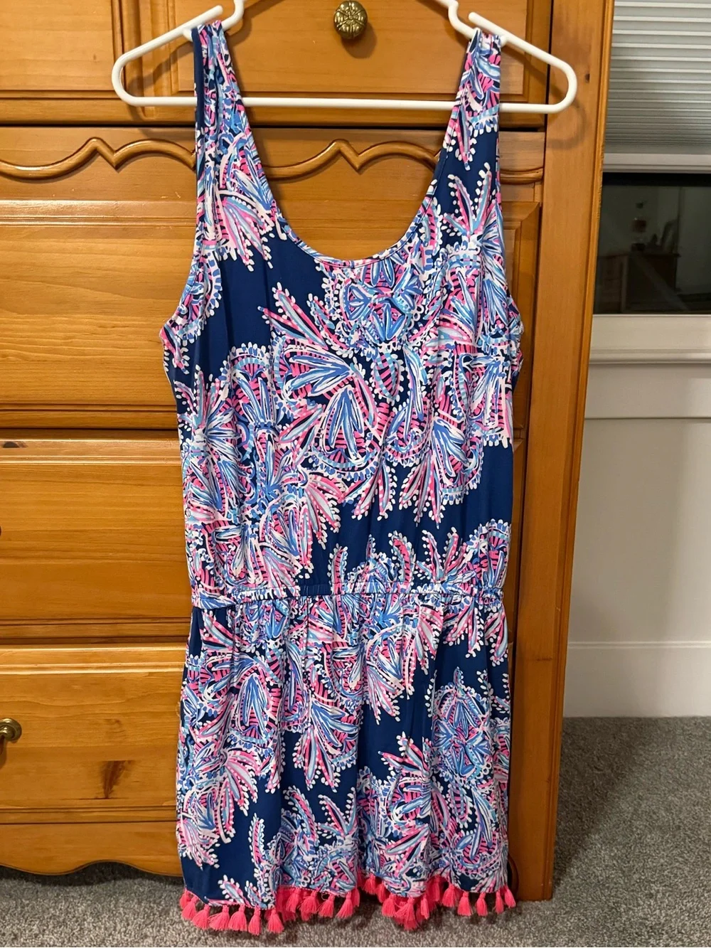 Lilly Pulitzer Jarrett romper Navy Pink Blue Floral Tank Dress with Tassel Trim